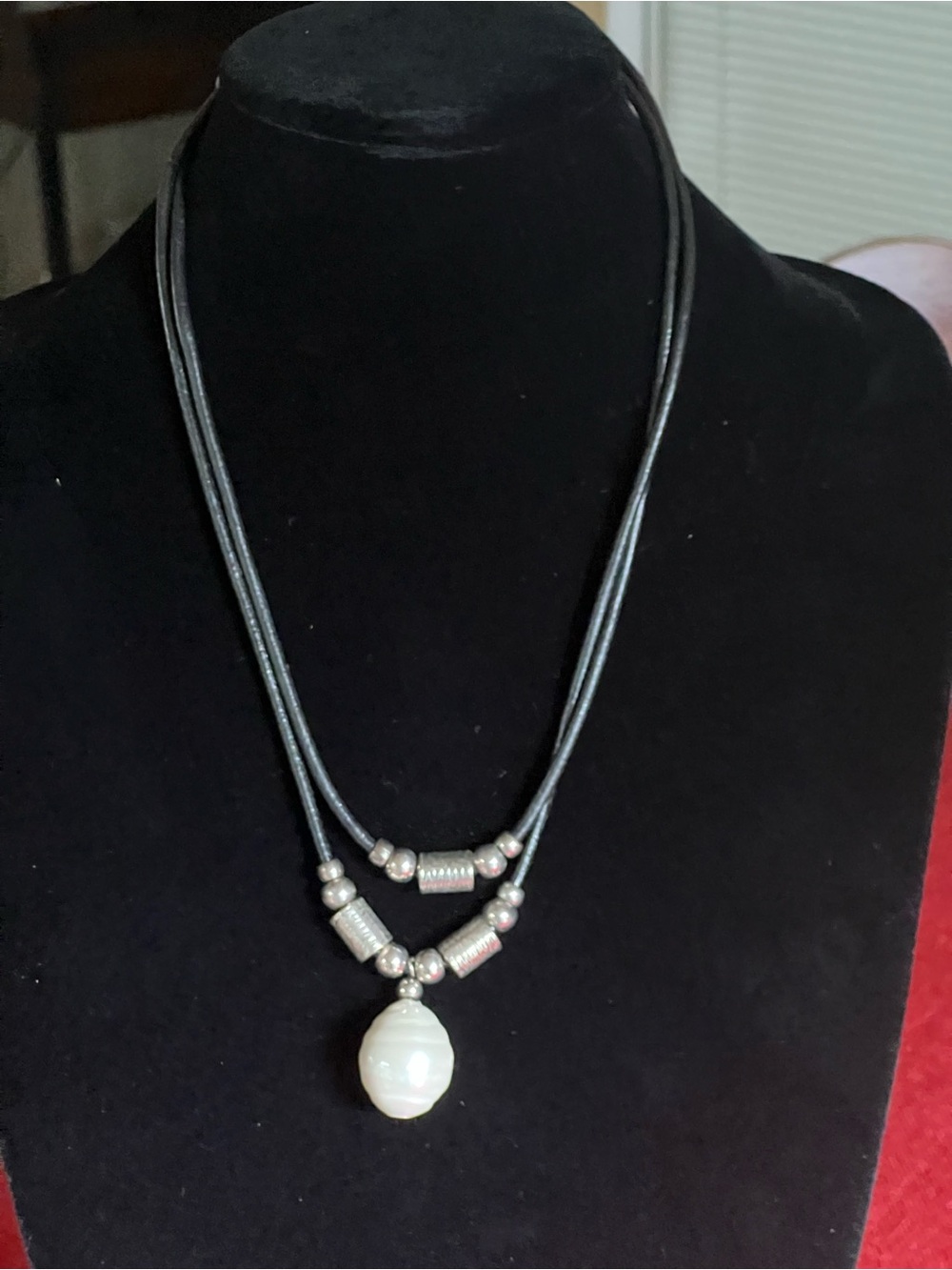 Black Leather Double-Strand Necklace with White Pearl Pendant